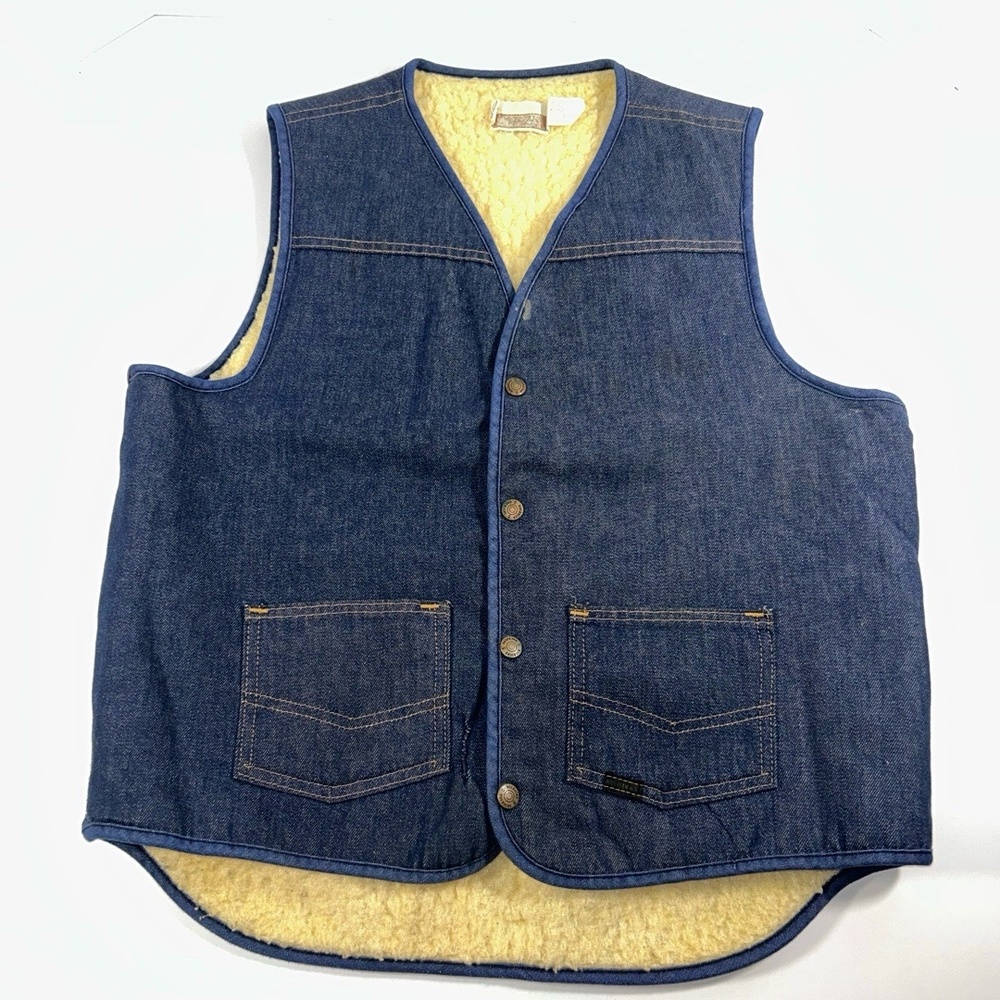 Sears Roebucks Western Wear Mens Denim Vest L-T‎ Blue Cream Sherpa Lined Vintage